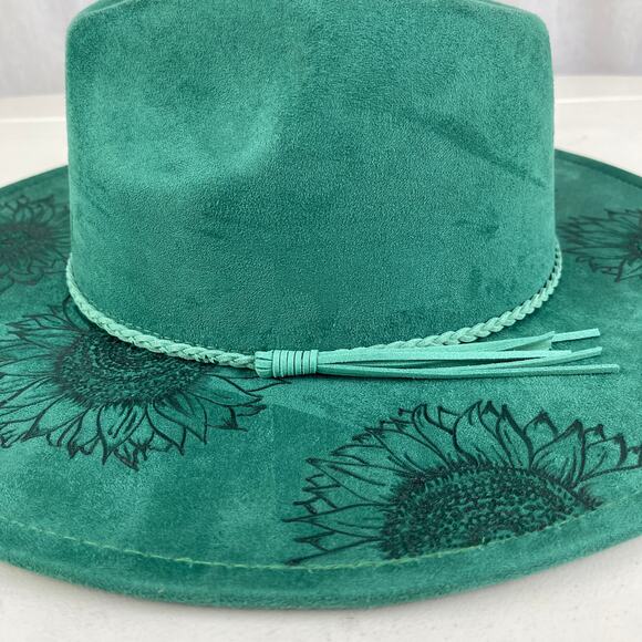 Emerald Green Faux Suede Hand Burned Wide Flat Brim Hat Sunflowers ADJUSTABLE SZ - Picture 7 of 16